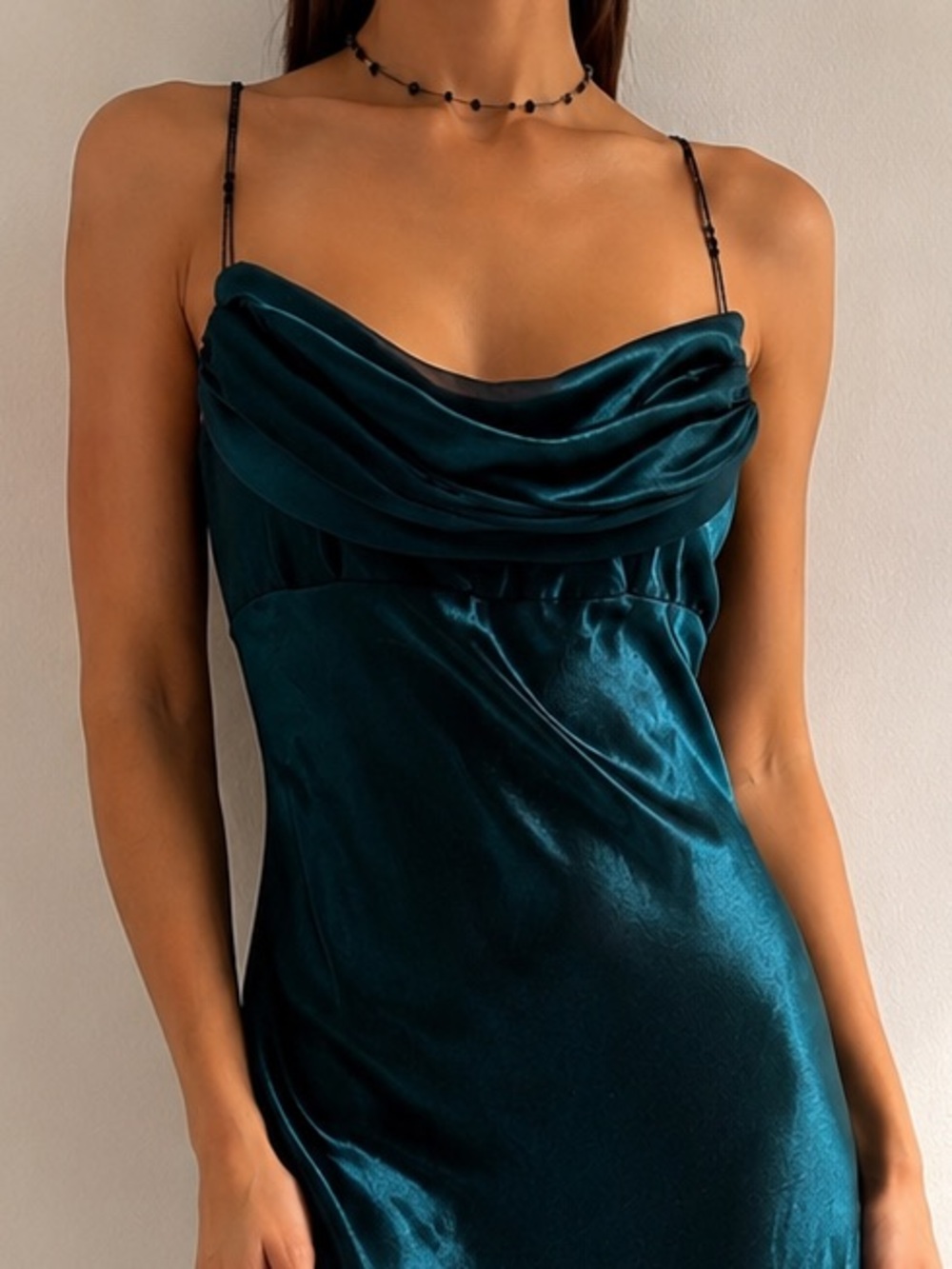 Y2K Dark Teal Satin Cowl Neck Midi Dress Beaded Strap Formal - Picture 13 of 13